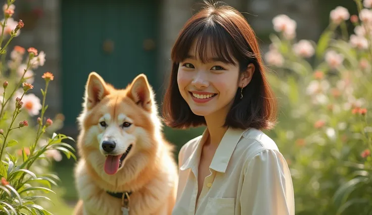  surreal、Wonderful、 VERY PURE AND BEAUTIFUL WOMAN 、 Very Attractive Smile , young、 STRAIGHT BROWN MEDIUM HAIR, Blossoming Village , Home garden、door、 HER DOG IS NEAR HER ,  Art BEST DESIGN , Ultra Sharp, Great snap pictures , can&#39;t believe it, masterpi...