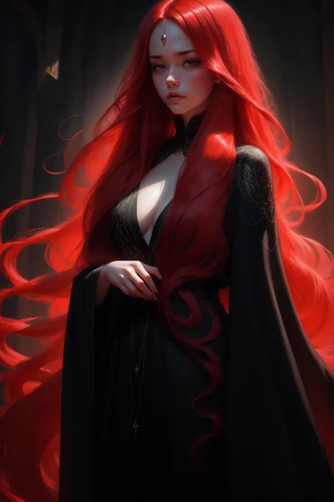 she has long hair, flowing red hair (redhead hair), (waves) and pale, almost ethereal skin. Her eyes are a deep green, giving her an otherworldly appearance. She dresses in flowing robes of dark black, often adorned with symbols of the occultism, sexy,