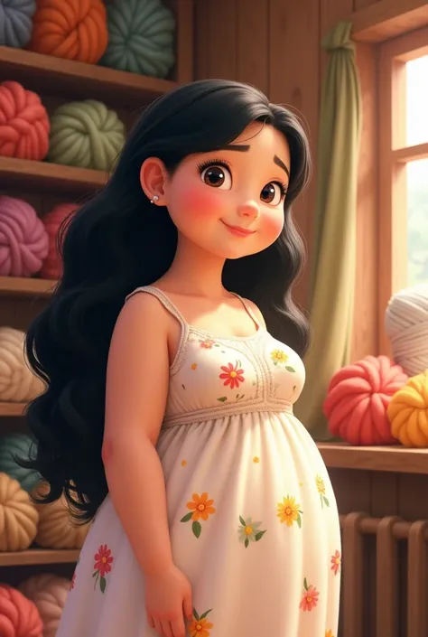  Pixar style, chubby woman, tender,  white skin , She has long curly black hair ,  is wearing a white dress with flowers, is stopped,  face profile,In a wool store smiling  