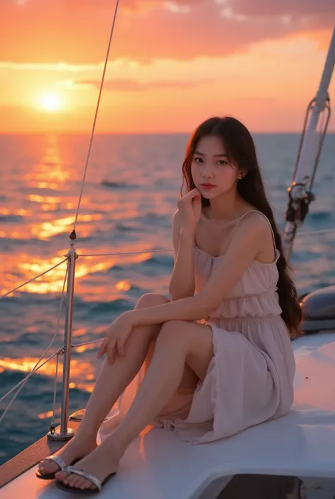 An elegant Asian teenage girl in a flowy summer dress, sitting gracefully on the deck of a sailboat. Her hair is styled in a chic braid, and she wears stylish sandals. She gazes thoughtfully at the horizon, with the setting sun casting a golden glow over t...