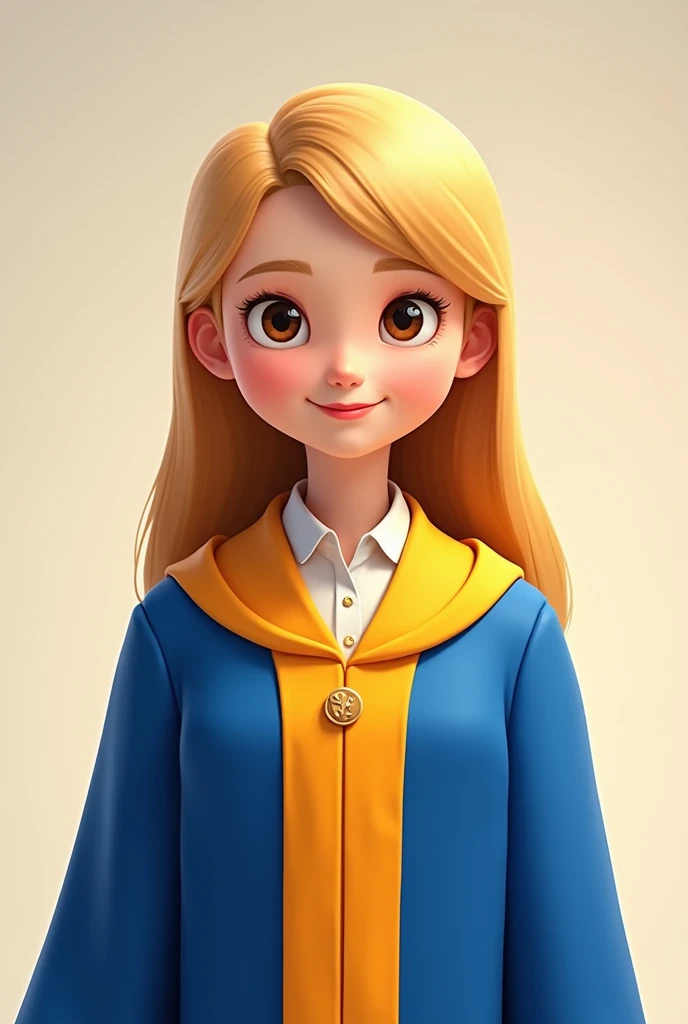  Cartoon of animated  with straight blond hair,  brown eyes,  white skin color , With a degree gown that is blue and gold