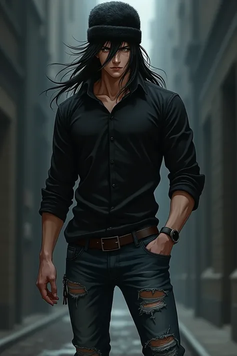 Male anime long black hair Russian hat black shirt black shirt and ripped pants 