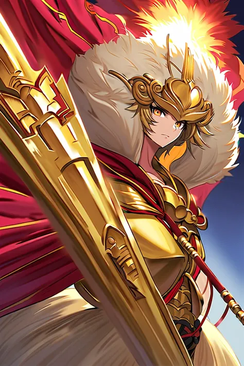 Sun Wukong, Women, light fur,  with golden armor and a red cape,  golden eyes , He has a giant golden spear .