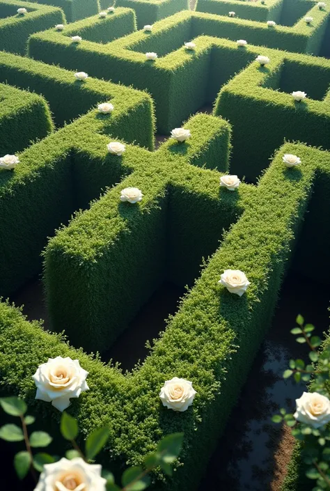 Looking down from above。There is a maze wall there, and white roses are blooming