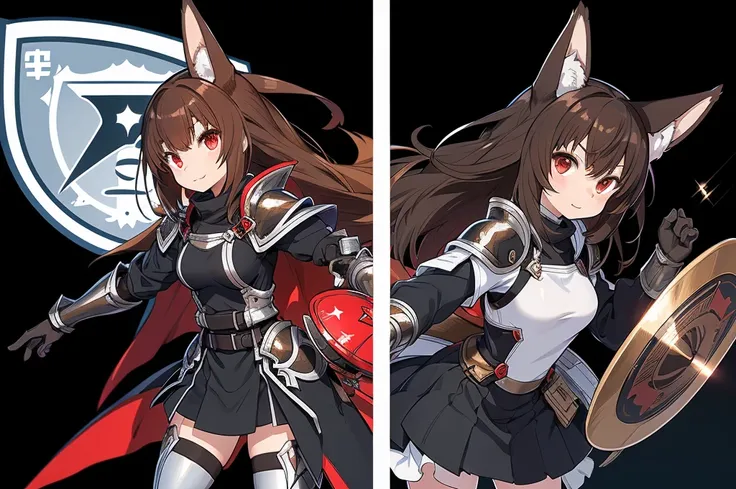  black background with spotlights、kishi-v2(A knight with a black and evil 々 shield、Wear armor ,  brown hairの毛、 Red Eyes,  1 girl),　I put on black tights、  1 girl, in ,  fox girl, in female,  fox ears,  animal ears  , Nazuna_Hiwatashi,  brown hair,Long Hair...