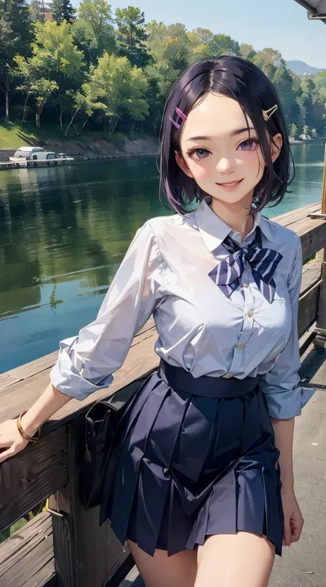 sairenji haruna, hairclip, purple eyes, purple hair, short hair, forehead, smile, looking at viewer, school uniform, miniskirt, lake, high quality, 