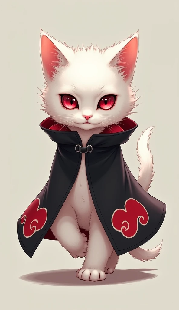  a white kitten wearing an Akatsuan costume、The cat is walking on two legs 、Yahikos characteristics 、Red eyes