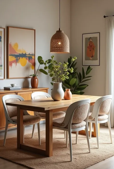 create a boho style dining room, it must contain a dining table with four white chairs, each chair must have a back cushion, a wooden buffet counter and two paintings on the wall