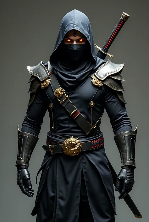  A modern and lethal ninja warrior ,  dressed in tight black combat armor that combines traditional and technological elements .  He wears a ninja costume reinforced with metallic details ,  armor plates on the shoulders and forearms ,  and a belt adorned ...