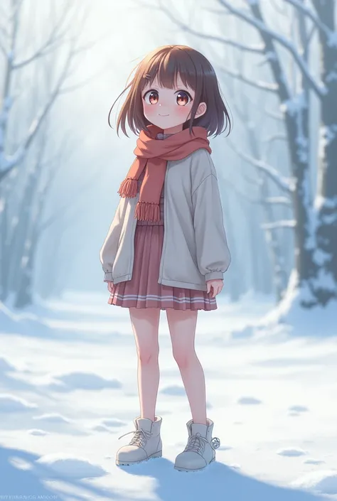  anime style、Standing Alone、smile、Background winter