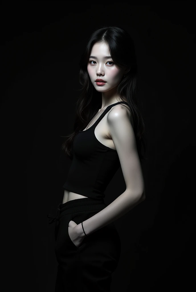 A photoshoot for the korean magazine dazed, where a very beautiful korean actress poses for the camera, the photo is avant-garde, stylish, and portrays her fit physique, she has long hair, wears beautiful make-up, a black tanktop and slim joggings, the lig...