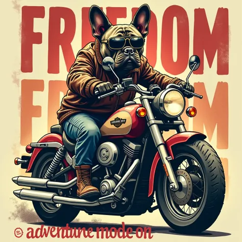 A French Bulldog, sporting a pair of aviator sunglasses and a worn leather jacket, confidently rides a classic motorcycle. The background features the word "FREEDOM" repeated in a bold, graffiti-style font, layered and overlapping. The phrase "ADVENTURE MO...