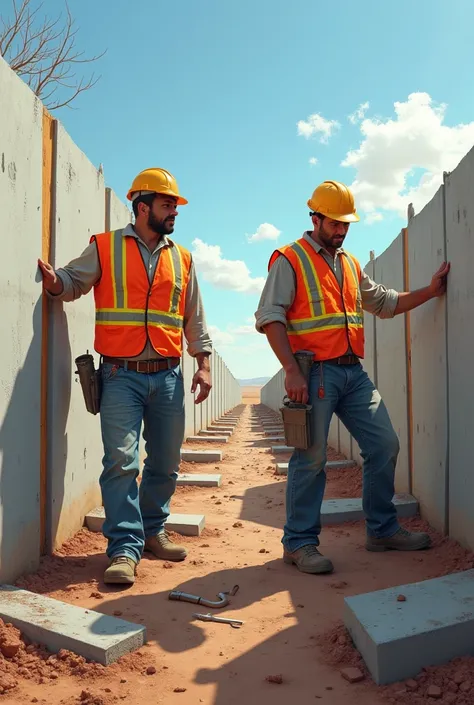 two men dressed in safety vests and , that they are doing the installation of some concrete perimeter fences, that they are in a distant place 