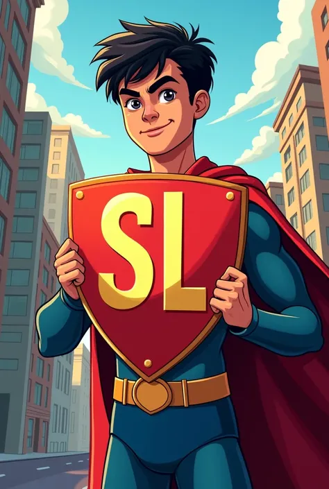 Create the shield or slogan with the initials of a superhero boy who is called Superlee and who has powers related to reading 