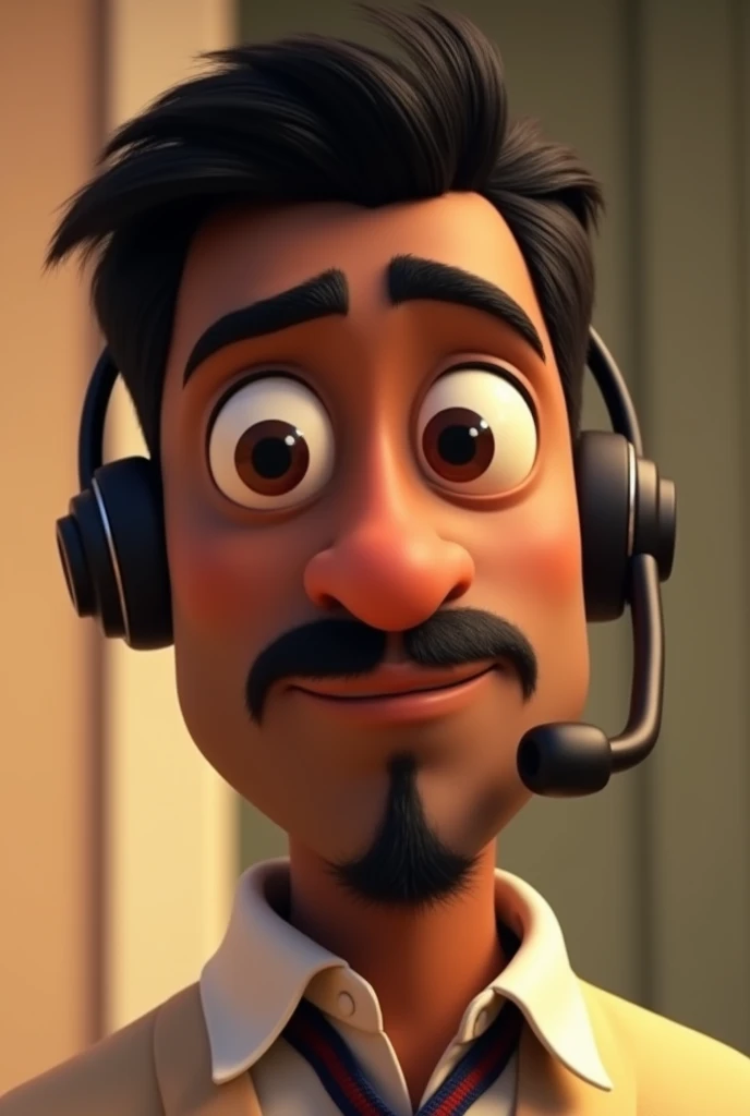 Create a Disney Pixar image for WhatsApp , attendant, man with very short black hair ,  very black eyebrows ,  mustache and goatee just on the bottom of the chin also black, brown skin, With headset in the ear .