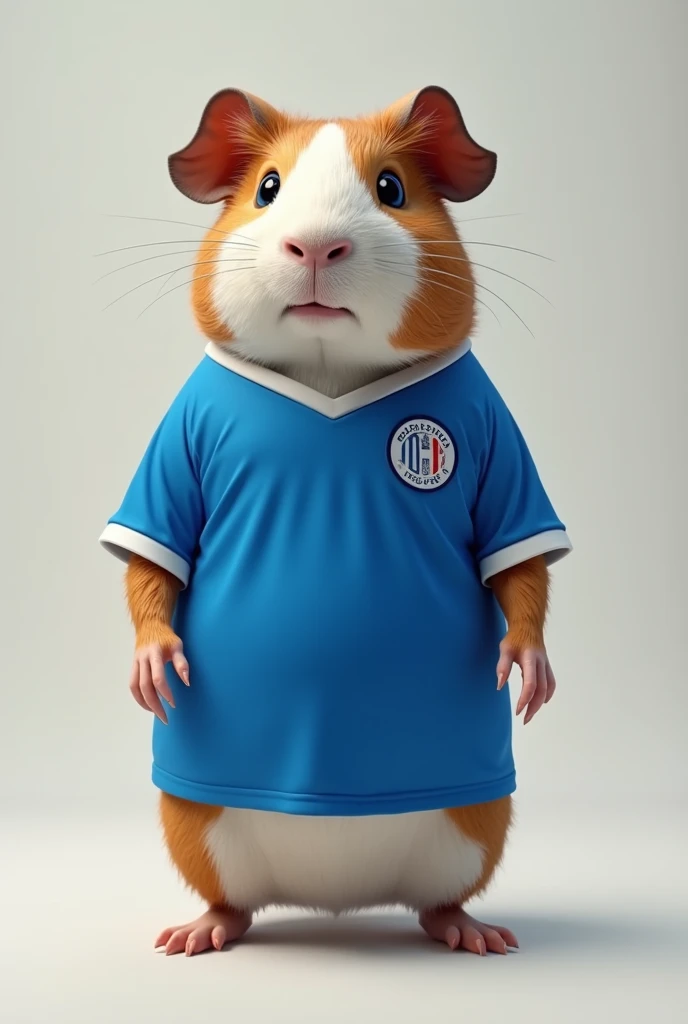  a guinea pig who is tall with a full body,  with a blue soccer jersey , That he is standing, And with a pose 