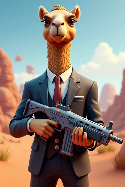 Make a camel with a formal suit and a gun in Fortnite style