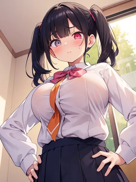 (ultra-detailed, master piece, best quality, high resolution, beautiful hair, beautiful eyes, expressive eyes, perfect face, perfect and correct human anatomy),
Inside a love hotel room,
Slightly frizzy, short cut, high twin tails up both sides, black hair...