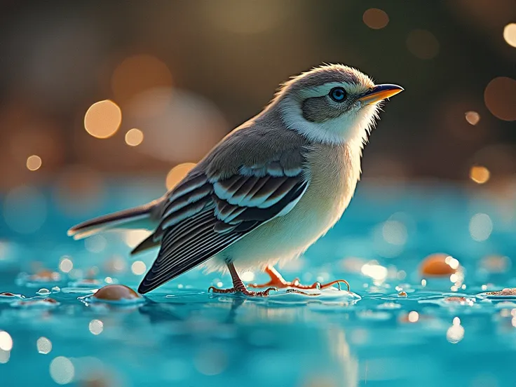  A mesmerizing close-up portrait of a beautiful little bird illuminated by the soft golden light of a quiet morning, with vibrant bokeh balls gently framing its delicate shape.