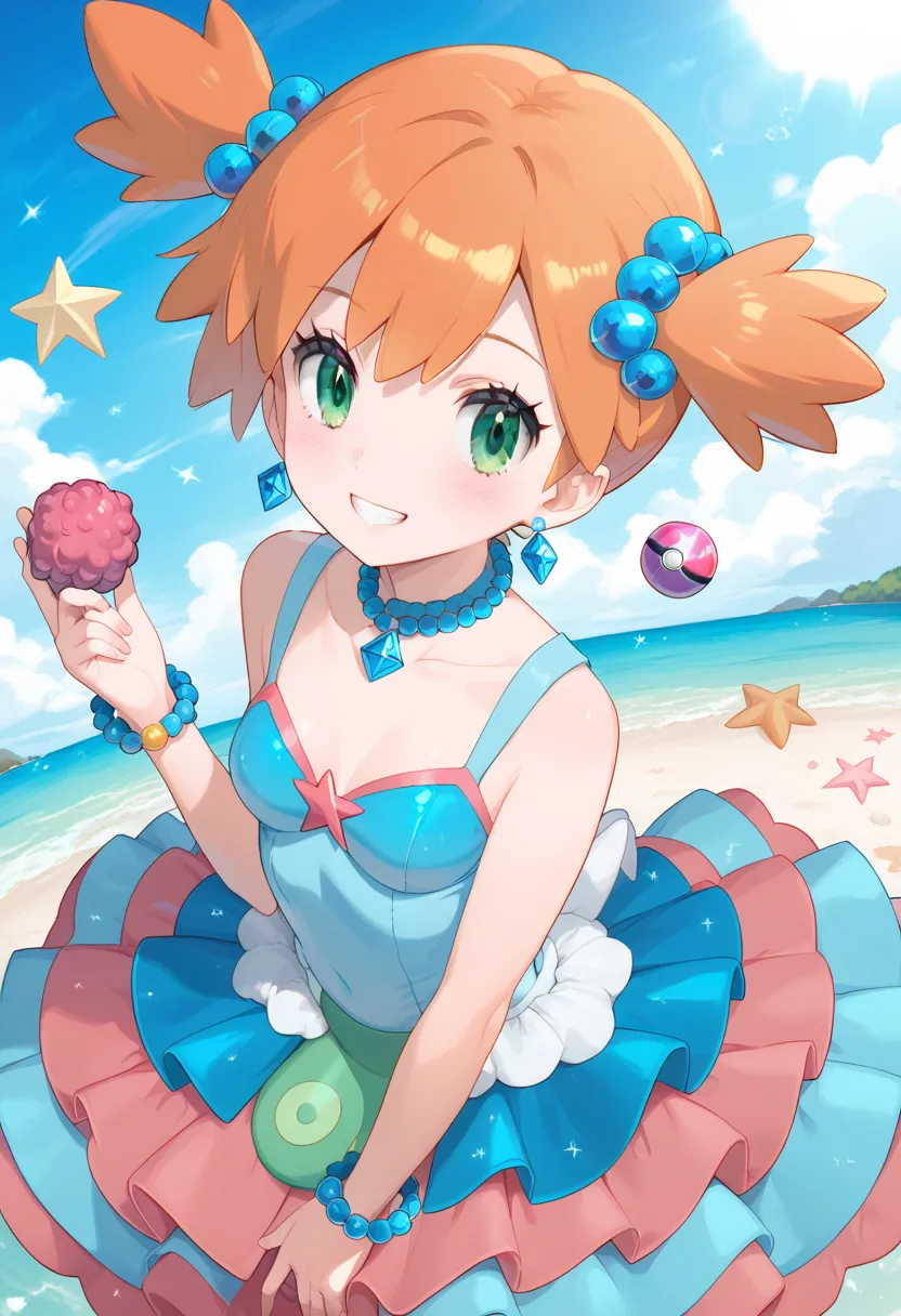 (Misty_Pokemon) 4k, 8k, high quality,
(Berry Short,Orange Hair,Big green eyes,Small breasts,Skinny) Ball Gown: This is a dress exclusive to Pokémon Contests, introduced in the sixth generation of the video games. It is a Japanese idol dress with pastel and...