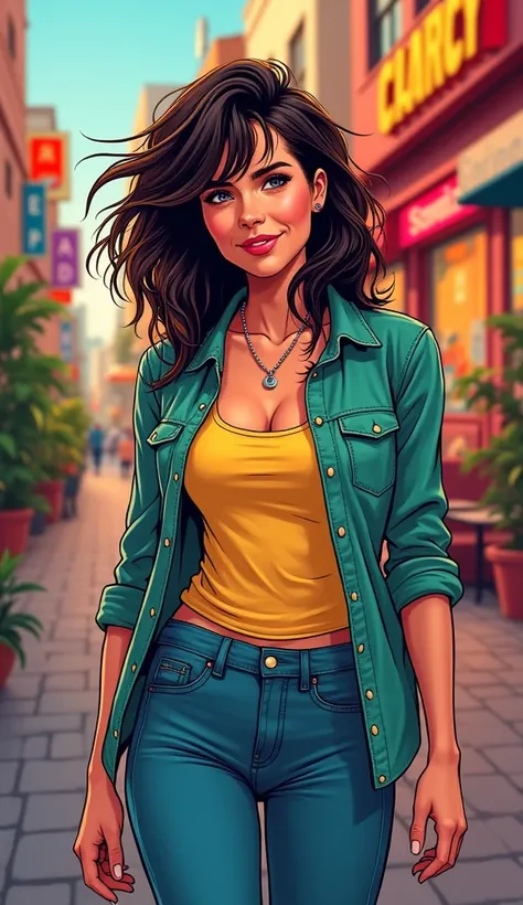 DISCREET image. image adult woman, american, comic book style. DISTRACTED. with a discreet smile. IMAGES WITH VIBRANT COLORS. with discreet casual clothes.