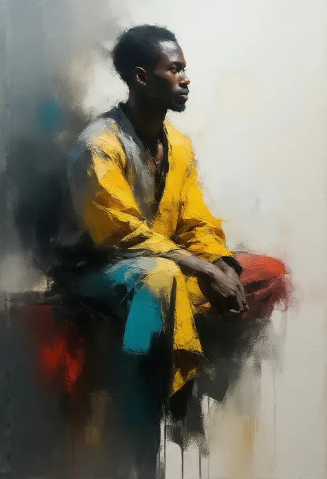 Oil painting, Of a man with a full body, Thoughtful, soft spots and artistic blur, gray sketch , yellow, Turquesa, red,  masterpiece, Detail,  looking at the spectator , impressionism