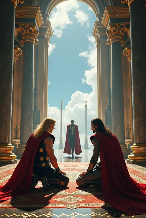 Thor and loki kneeling down to odin in asgard