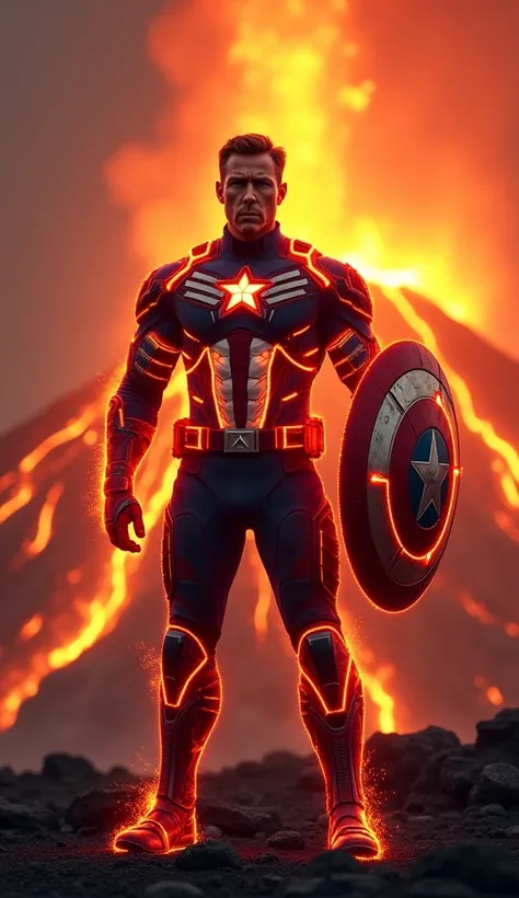 A realistic full-body image of Captain America, his suit redesigned with glowing neon red lights that pulse like fire, forming fiery patterns across his chest, arms, and legs. His iconic shield is edged with molten cracks, glowing with a radiant red heat a...