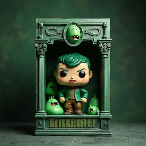  A Funko box designed for Dislike , with green tones and gray details .  Inside the box ,  the Funko of Displeasure with its characteristic expression of discontent .  in the background ,  the Headquarters of Emotions ,  with green orbs and a decoration th...