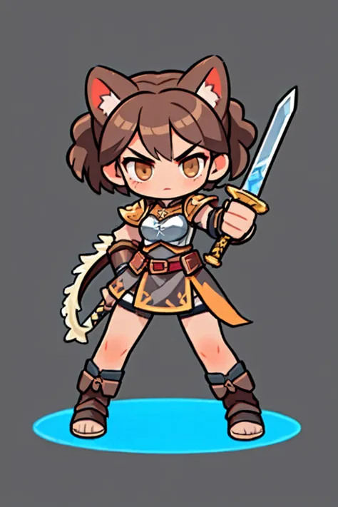 a female warrior wields a sword  ,   medieval iron armor ,  costume color gray, natural background.  brown hair ,  cat ears , br...