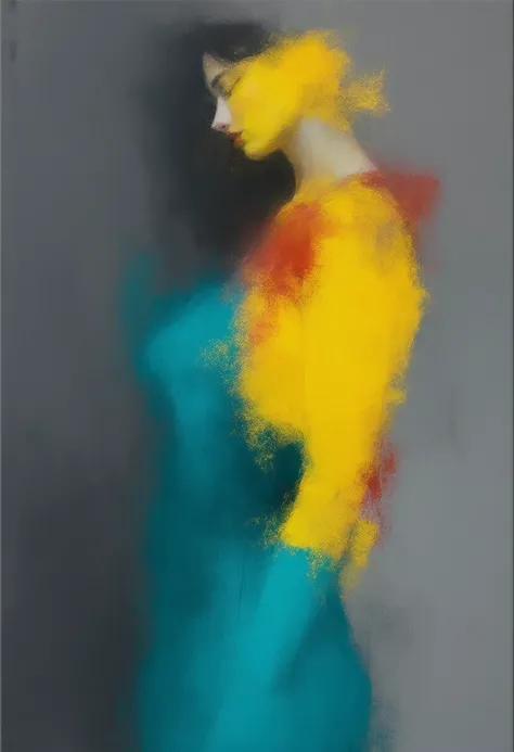 Oil painting, Of a woman with a full body, Thoughtful, soft spots and artistic blur, gray sketch , yellow, Turquesa, red,  masterpiece, Detail,  looking at the spectator , impressionism