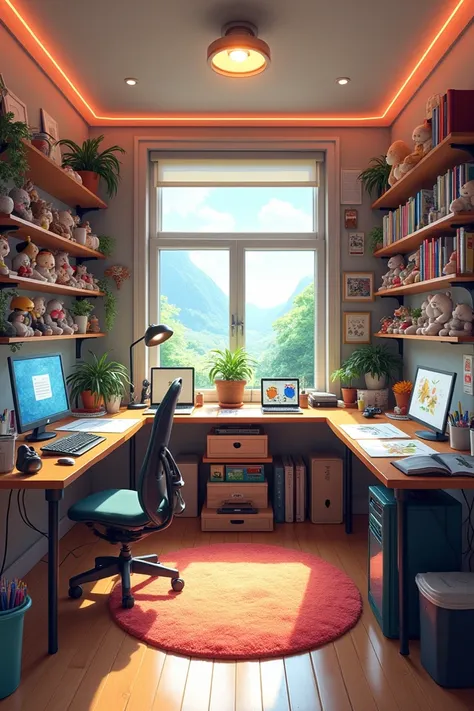  A room that on your left has a writing with your computer and console,  and to your right a work table with lots of drawing materials , in the center a large window ,  on the floor a carpet and on the walls shelves with anime figures and stuffed animals ,...