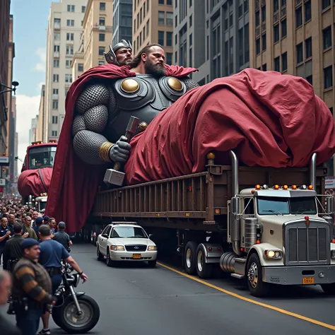 A hyper-realistic, ultra-detailed 4K image of a gigantic Thor lying flat on his back, securely tied with ropes and chains onto a large flatbed truck. He is holding Mjolnir on his chest, with his armor and cape flowing realistically. The scene includes poli...