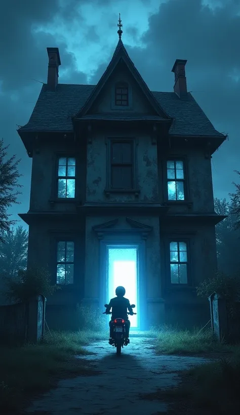 
"An abandoned and dark mansion ,  with a striking contrast of light and dark {x} old and broken windows illuminated by a pale and mysterious light. In front of the mansion,  a motorcycle food delivery man with a helmet ,  standing and looking at the half-...