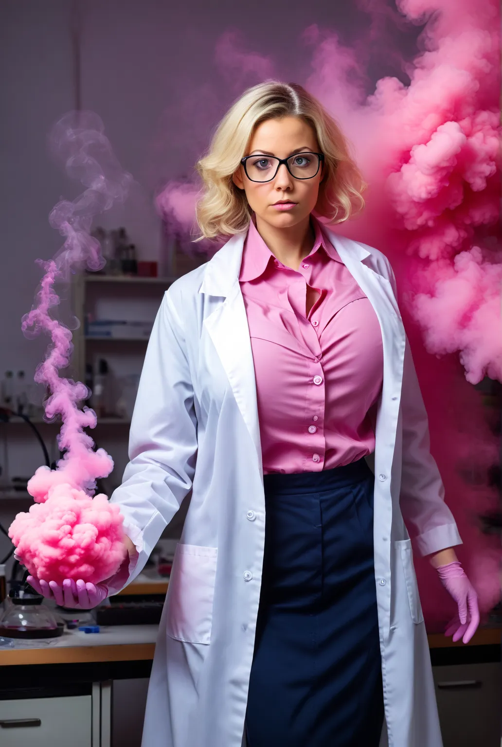 photograph a very smart female scientist in a lab with a lot of pink smoke around her, transforming into a bimbo, lab coat and b...