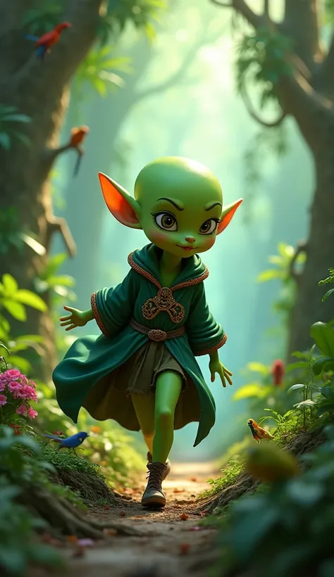 (Bad bald green witch girl) walking in danger jungle 3d animated cartoon