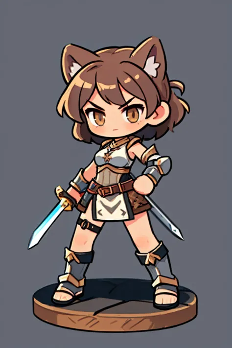 a female warrior wields a sword  ,   medieval iron armor ,  costume color gray, natural background.  brown hair ,  cat ears , br...