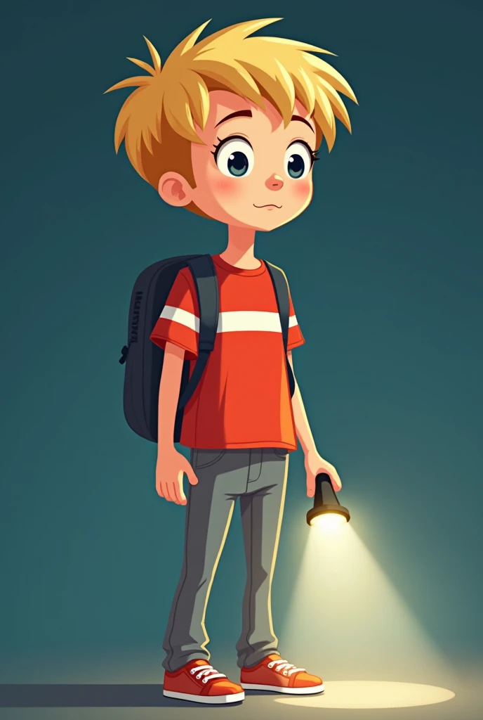 Tall boy with straight blond hair wearing grey trousers and a red shirt with a white stripe, holding a flashlight, cartoon illustration, rens book illustration , cartoon style illustration ,  digital illustration,  flat illustration , big view