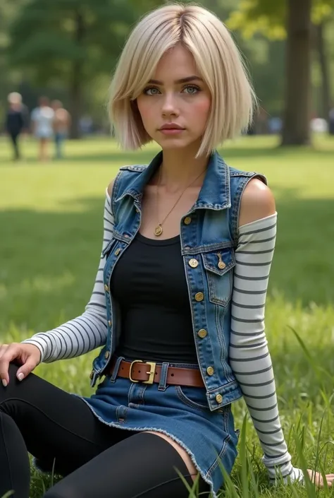 Android 18,  hyper realistic , Sitting on the grass in a park, young woman, black hair short BOB LONG cut, sleeveless frayed denim jacket on, black fitted top, white sleeves with 60 very thin horizontal gray stripes that completely cover the arm, denim min...