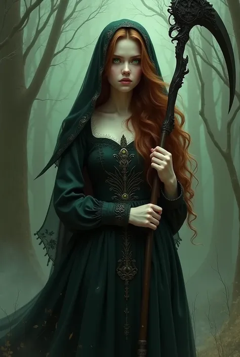  lyrics,  Green-eyed Woman, Cabello castaño, pale, wearing a dress from the medieval era , negro,  with details on the dress that allude to death and magic, with a black hood, with a scythe 