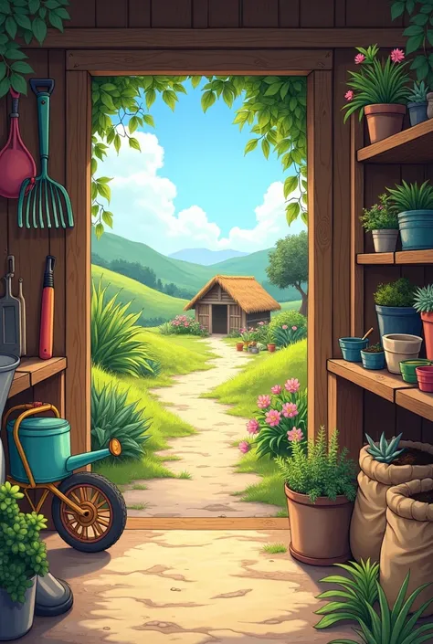 This image is、 the inside of the 「 potting shed 」（ flower pot work shed ） of the flower pot 。 below are the details of the image ：

- **The wall on the left **:  gardening （ such as scoops and forks ）hanging。
- **floor**:  A lawn path leads to a distant hu...