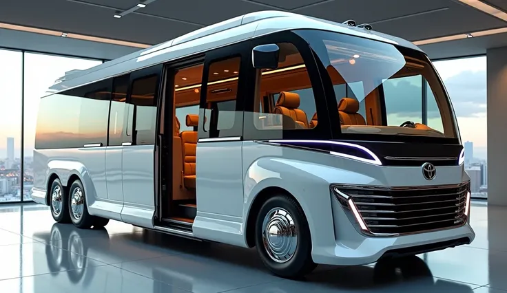 Toyota motorhome, large size, impressive HD look, showroom setting, sleek design, polished chrome accents, spacious interior, panoramic windows, bright showroom lighting, modern aesthetic, high-resolution display, glossy floor, reflective surfaces, profess...