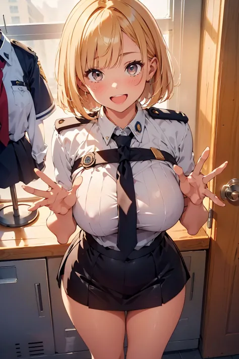 1girl,
indoor, lockerroom,
short bob hair, blonde hair, break,
police uniform,
looking down,look at the viewer,from a ,from belo...