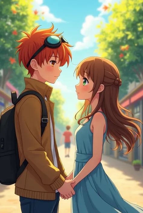 Ginger haired boy with goggles and brown jacket crushing on brown hair tan blue dress girl adults anime 