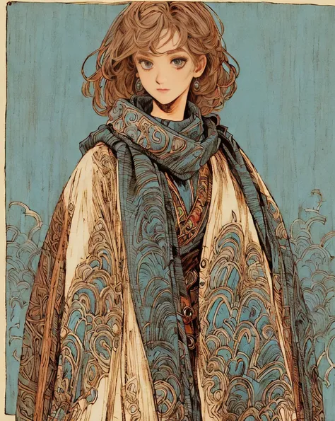 muted color, 1 short person, Final Fantasy mimic character class, wrapped in patchwork patterned scarves and quilts, cross wrapped scarves, many layers of scarves and quilts, large beads and tassels, body and face wrapped in various patterned quilts and sc...