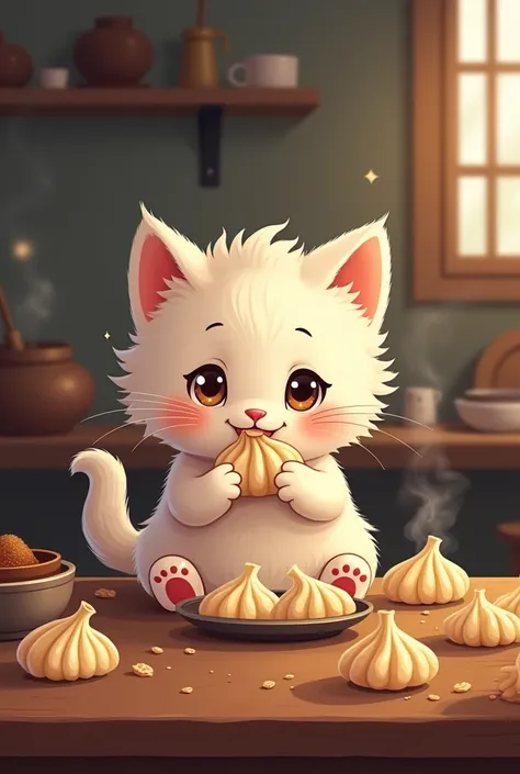 Illustration of a kitten eating dumplings