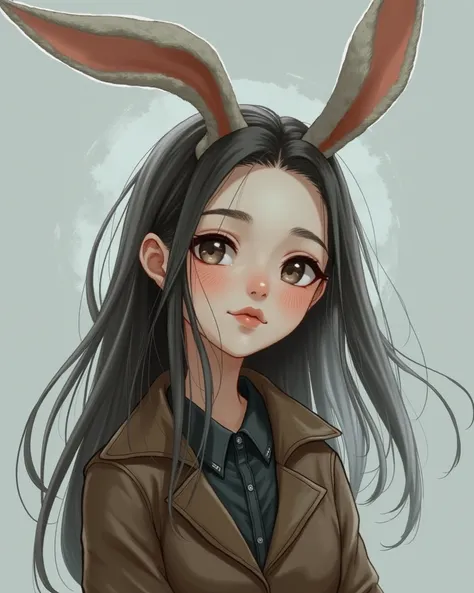 1 ,  long hair,  High resolution , castanho jacket,  rabbit ears , 