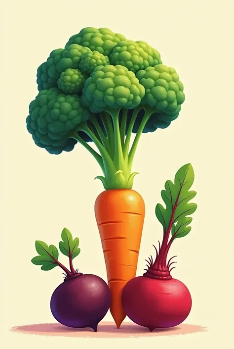 3 vegetables : A broccoli next to a carrot and a beetroot on the other side, well animated but without expensive beet