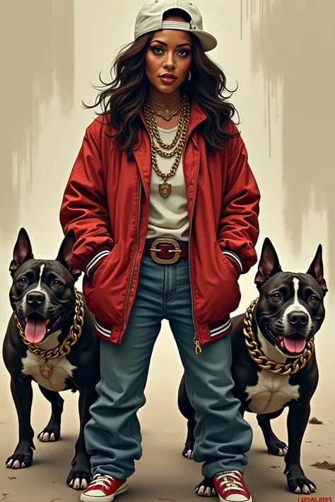 Give me a picture of Kamala Harris as a hoodrat with gold chains and a backwards hat with 2 pittbulls decked out in gold chain collars next to her