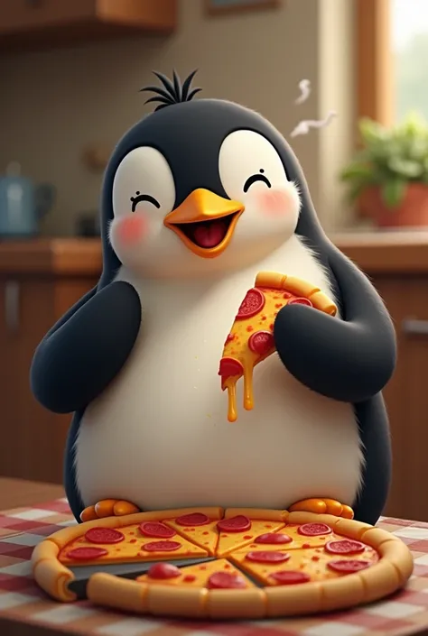 A penguin eating pizza 